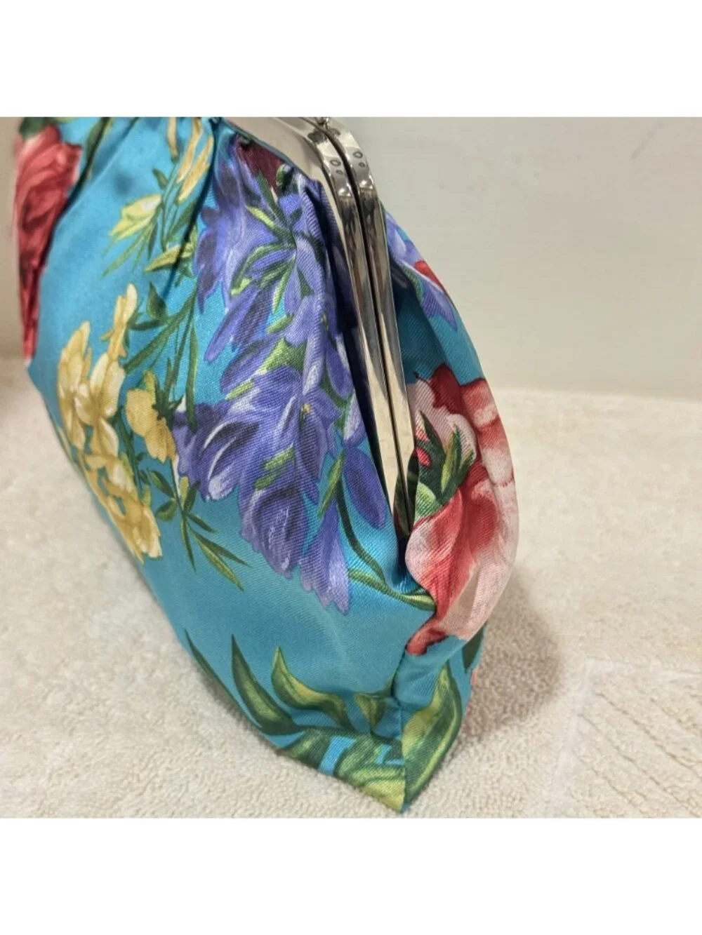 Dolce & Gabbana Blue Floral Satin Kiss Lock Evening Clutch Shoulder Bag Italy